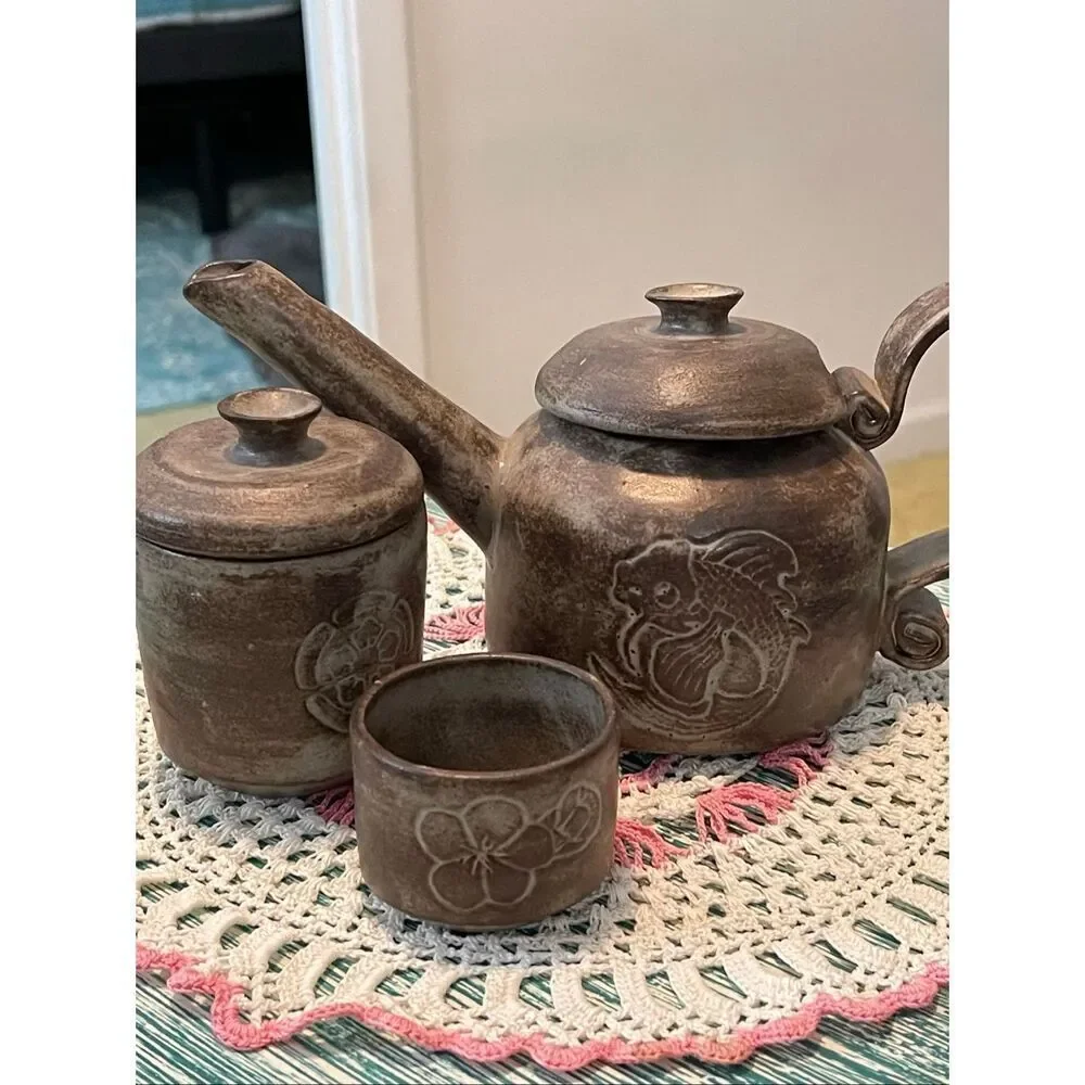 Yixing Zisha Wood Fired Clay Tea Pot w/Sugar Bowl and Cup